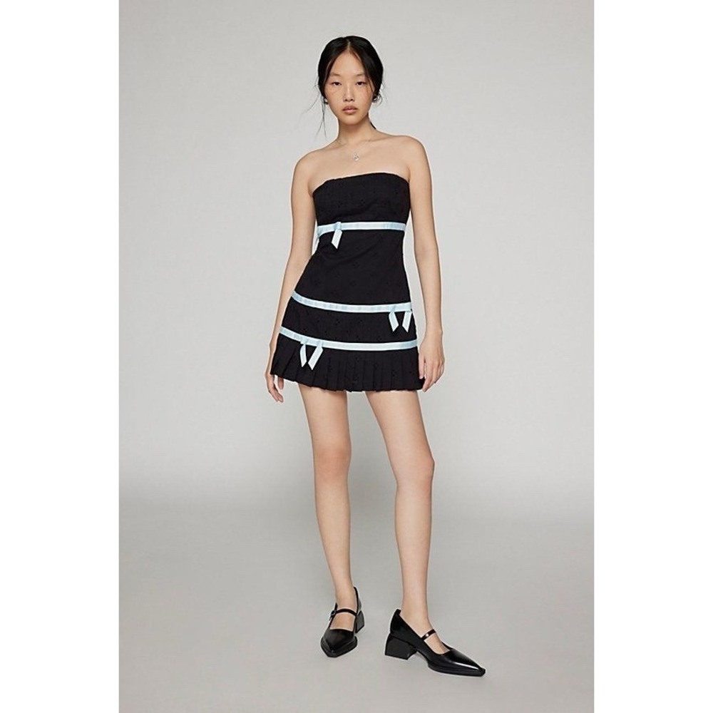 Kimchi Blue Medium Violetta Eyelet Strapless Blue Bow Mini Dress Grunge Goth
